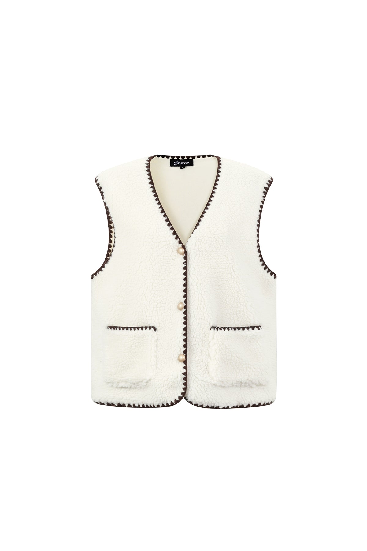 Mouwloos teddy gilet beige wit met bruine contrastnaden