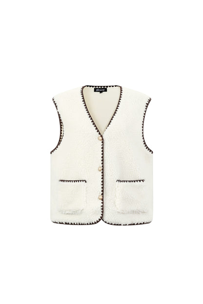 Mouwloos teddy gilet beige wit met bruine contrastnaden