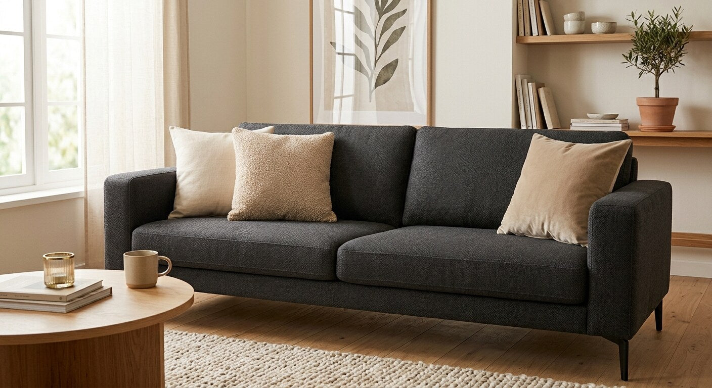 beige en crèmekleurige kussens bij een antracietkleurige zitbank