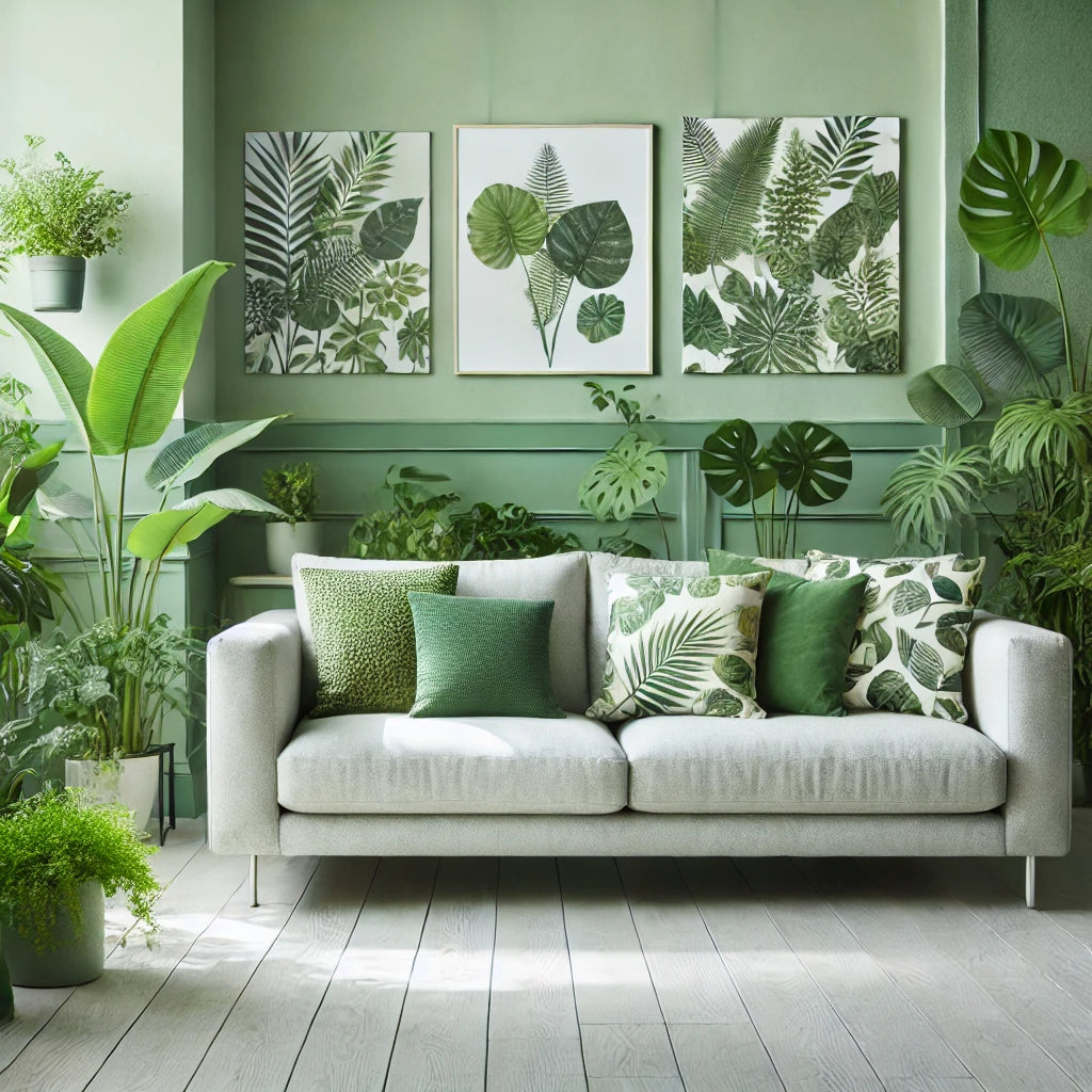 urban jungle interieur met groene sierkussens