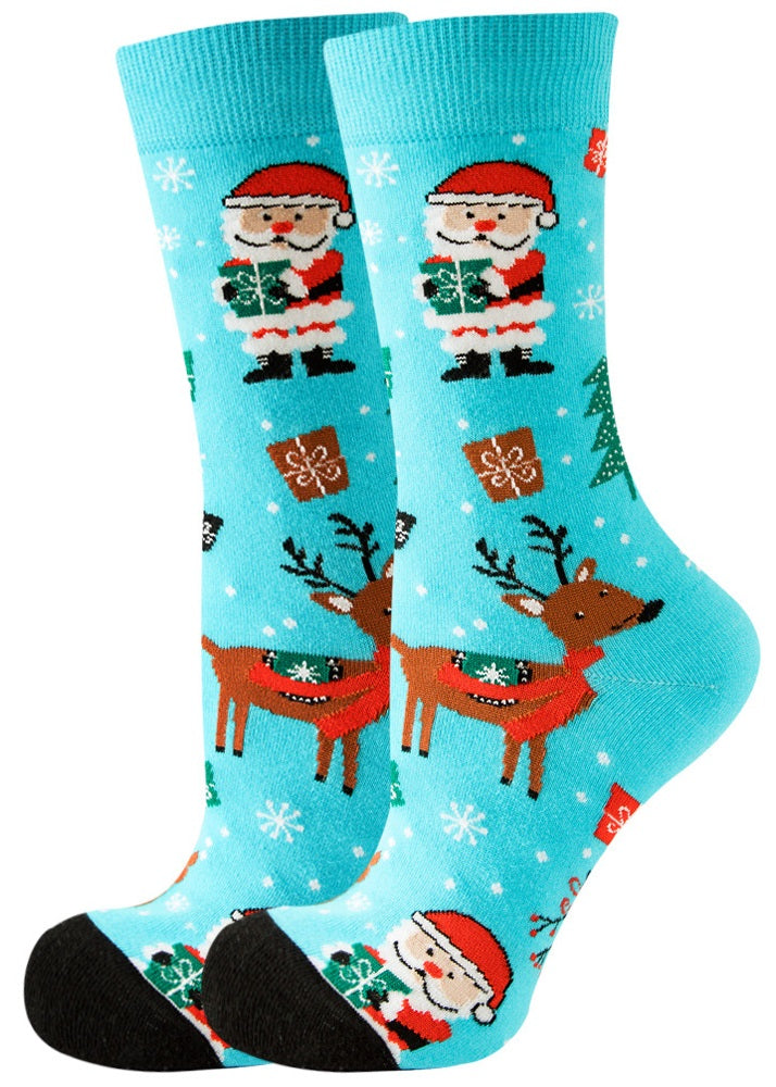 Musthaves Kerstsokken voor mannen en vrouwen lichtblauw kerstman eland M38-45