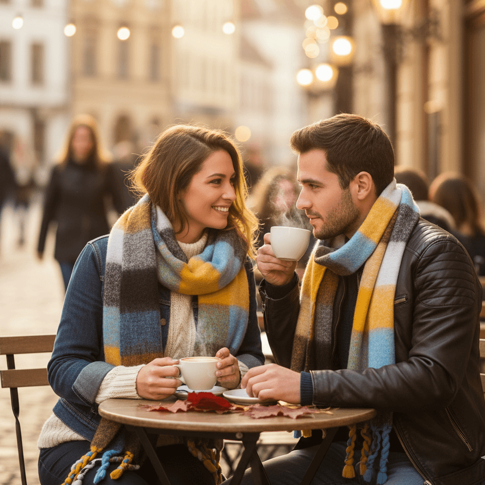 Man en vrouw met kleurrijke wintersjaals drinken buiten koffie.