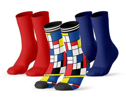 Sock My Feet Herensokken 3-pack Sock My Mondriaan Red, Blue & Yellow - 1 print + 2 effen