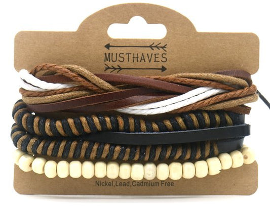 Herenarmband bruin zwart imitatieleder , touw en beige houten kralen verstelbaar set van 3 stuks