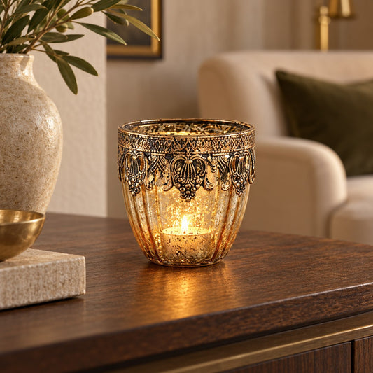 PTMD Theelichthouder Decoritz glas goudkleurig Ø10x10cm