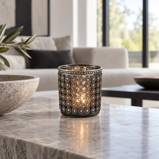 PTMD Theelichthouder Riby Ø7,5x8cm glas transparant lichtgrijs