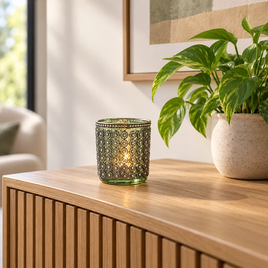 PTMD Theelichthouder Riby 8cm glas transparant lichtgroen