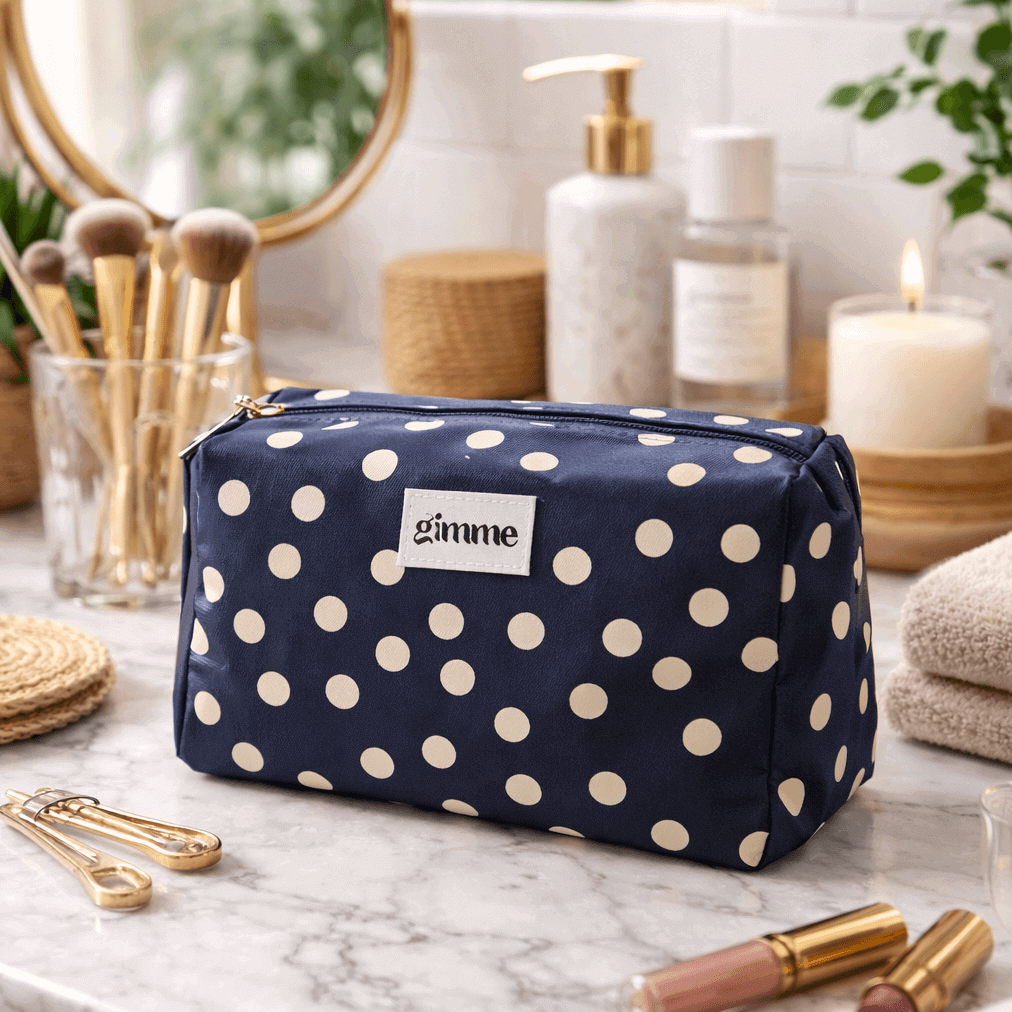 Toilet- en make-uptas marineblauw met witte stippen