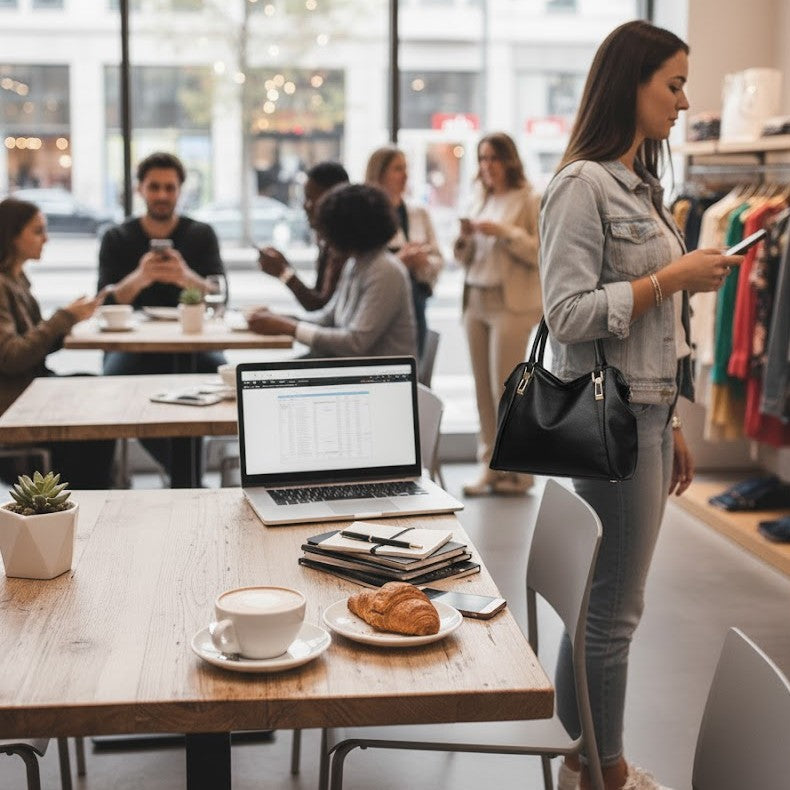 zwarte handtas vrouw in koffiebar met telefoon