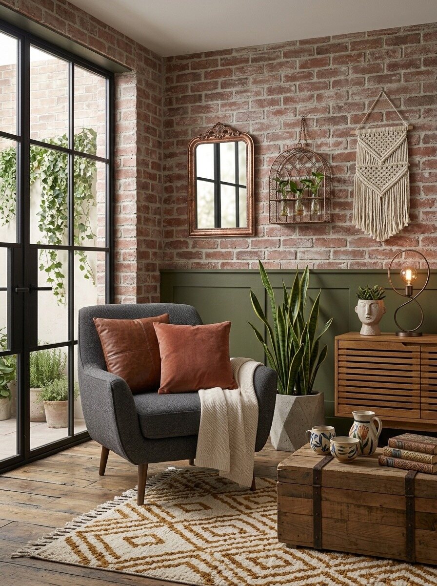 antraciet fauteuil met cognac roestkleurige sierkussens
