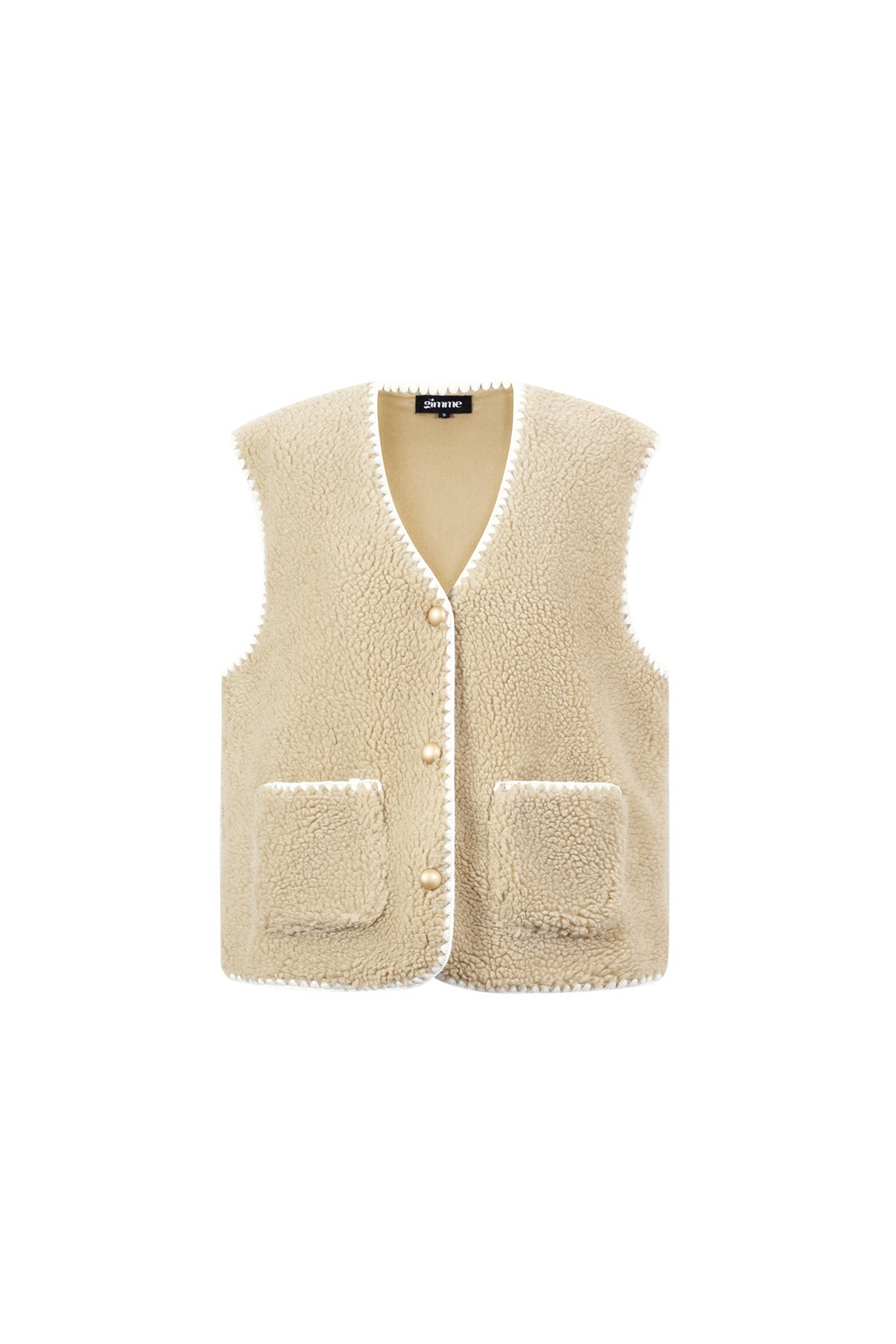 Mouwloos teddy gilet khaki met witte contrastnaden