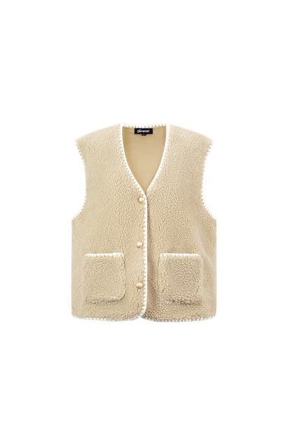 Mouwloos teddy gilet khaki met witte contrastnaden