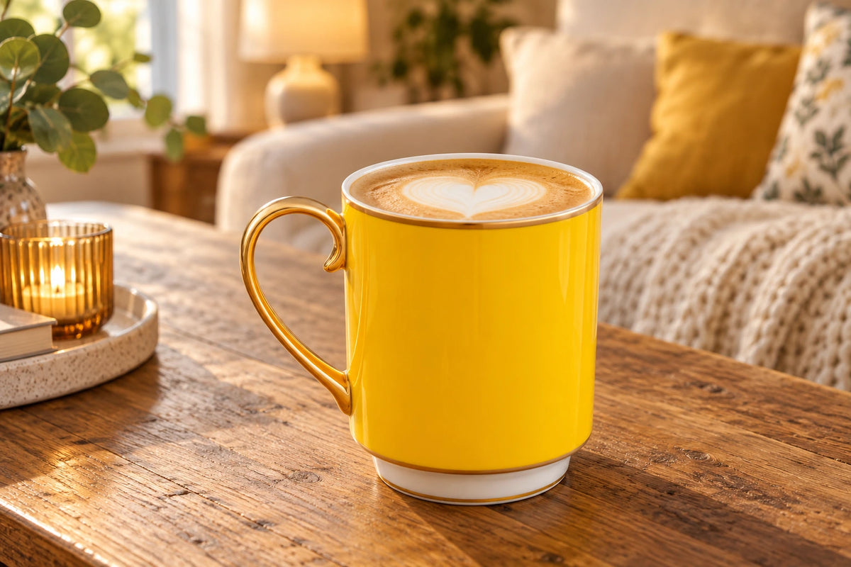 
Cappuccino met hartvormige latte art in een gele Pip Studio mok met gouden oor, op een houten salontafel in een gezellige woonkamer.

