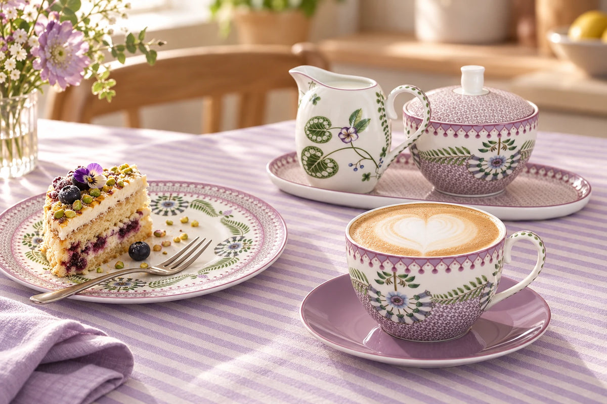Cappuccino in een Pip Studio Lily & Lotus kopje met taart, een melkkannetje en suikerpot op de keukentafel.
