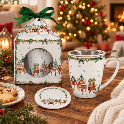 Duo Christmas Village theemok 350 ml met filter en deksel in geschenkdoos