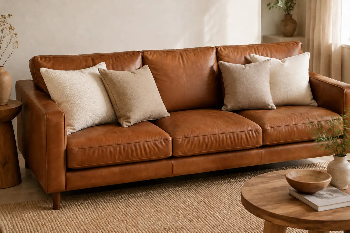 beige en cremekleurige sierkussens op een cognac kleurige bank