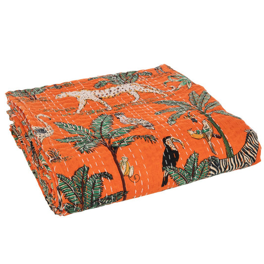 J-Line Plaid/Strand Mat Exotisch Dieren/Planten Hechtingen Katoen Oranje Large 220x270cm