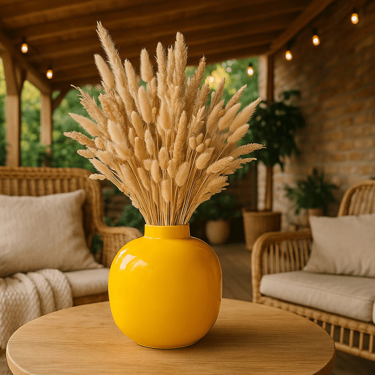 Gele vaas met droogbloemen op gezellig overdekt terras
