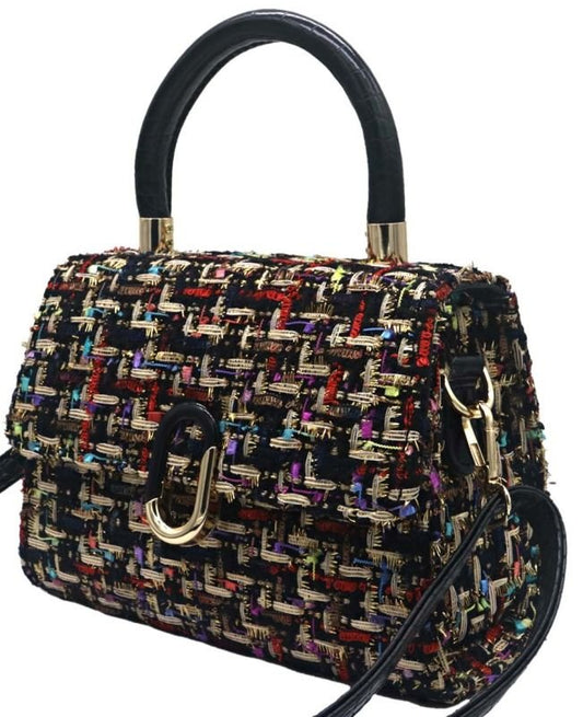 Handtas zwart veelkleurig stof en kunstleer 21x16x8cm - Julien Deluxe