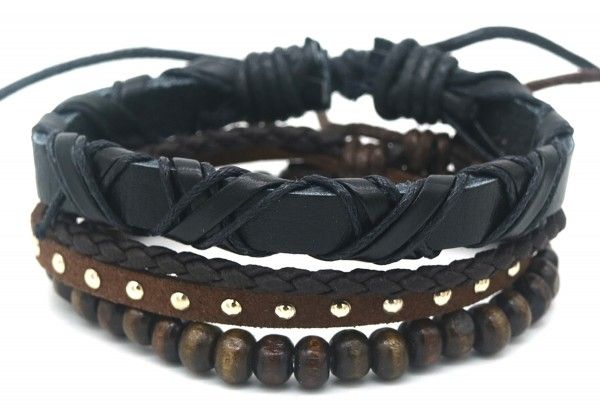 Herenarmband bruin zwart imitatieleder en bruine houten kralen verstelbaar set van 3 stuks - Julien Deluxe