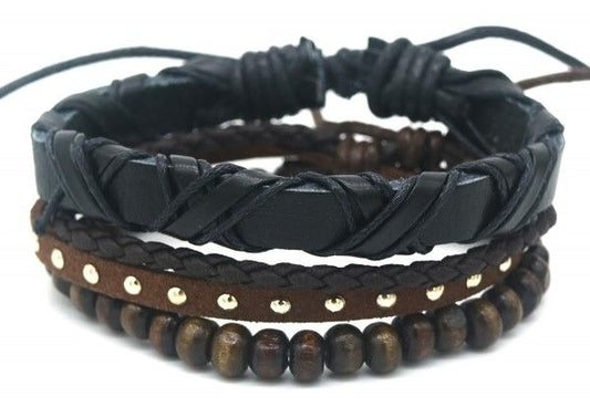 Herenarmband bruin zwart imitatieleder en bruine houten kralen verstelbaar set van 3 stuks - Julien Deluxe
