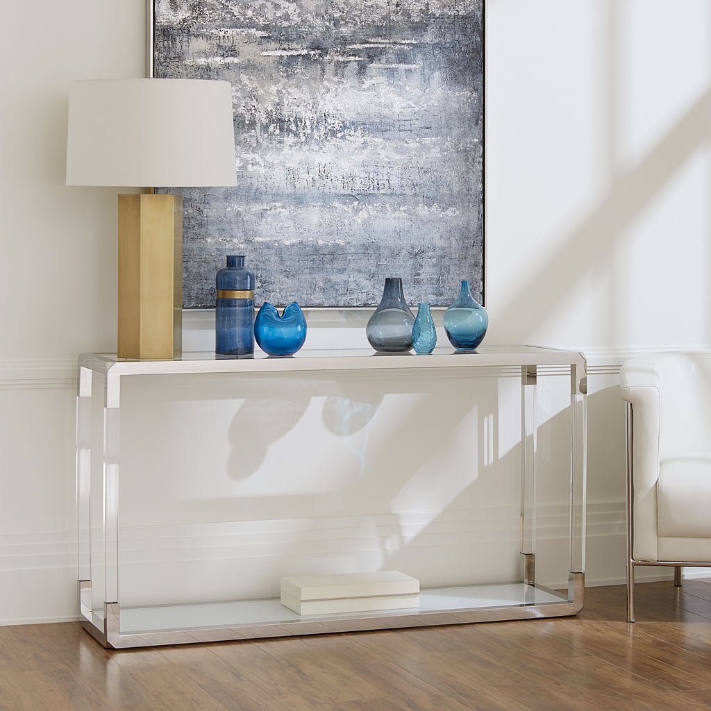 Jasper Console Tafel in Acryl, Wit Glas en Gepolijst Roestvrij Staal