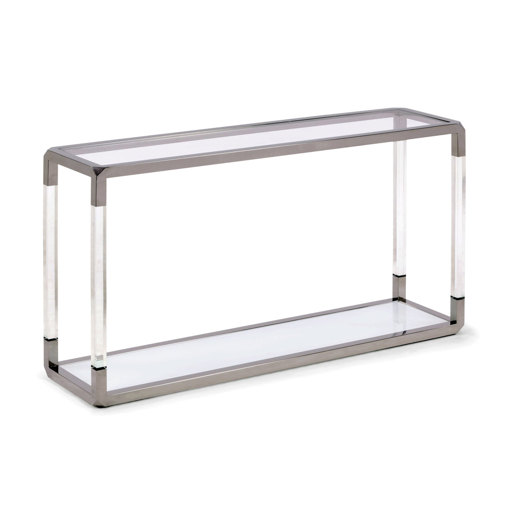 Jasper Console Tafel in Acryl, Wit Glas en Gepolijst Roestvrij Staal