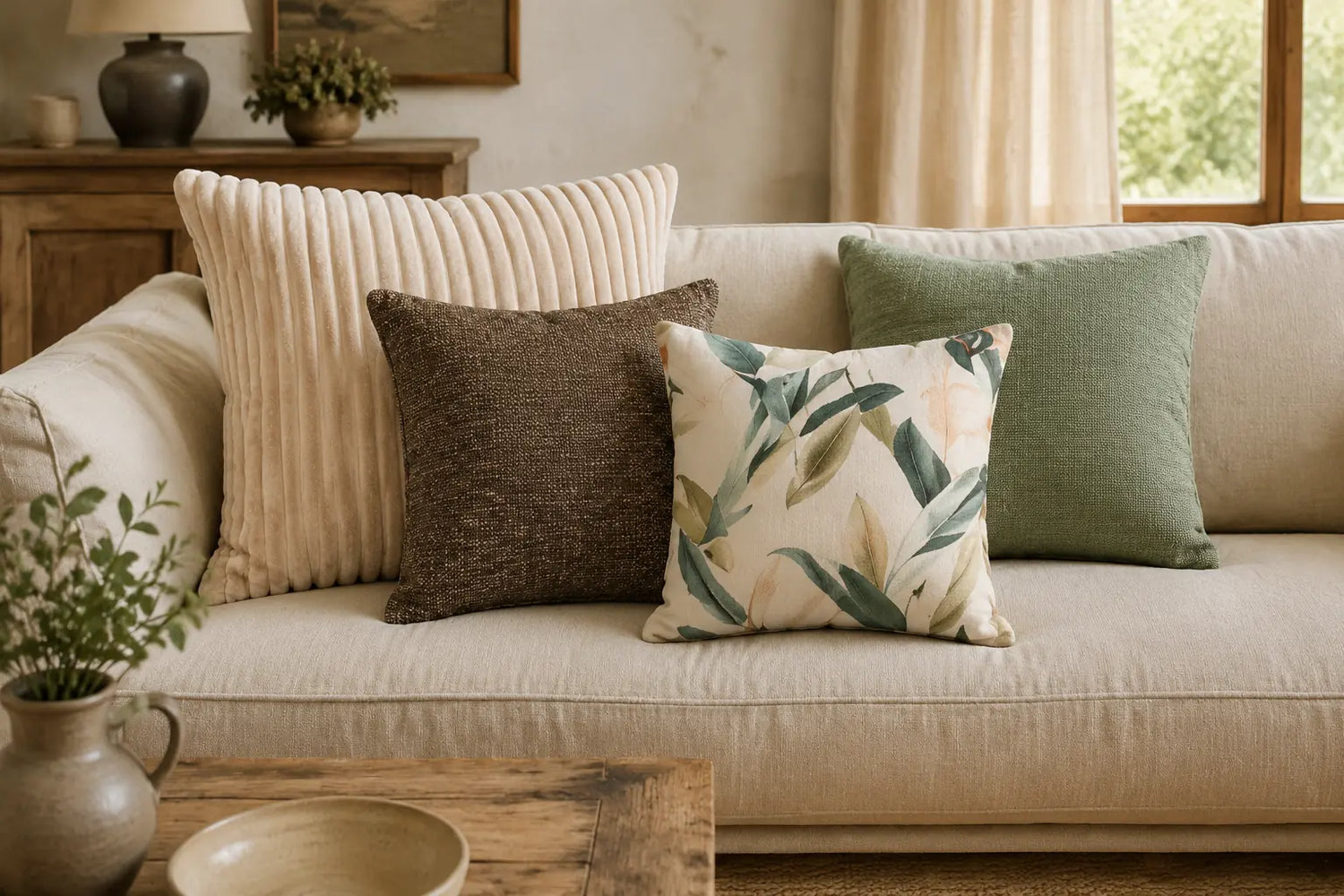 sierkussens bij landelijk interieur