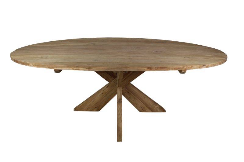 Ovale eettafel met kruispoot - 180x100 cm - blank - teak