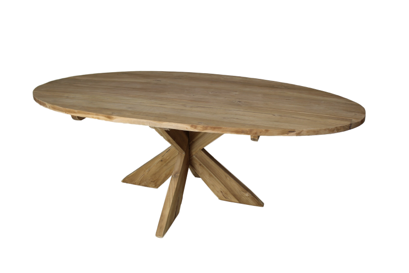 Ovale eettafel met kruispoot - 180x100 cm - blank - teak