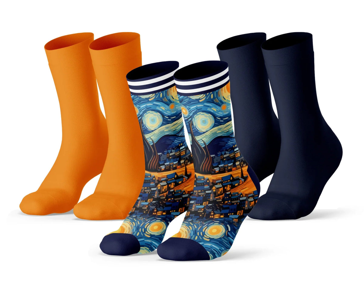 Sock My Feet Herensokken 3 - pack Sock My Vincent Van Gogh Starry Night De Sterrennacht - 1 print + 2 effen - Julien Deluxe