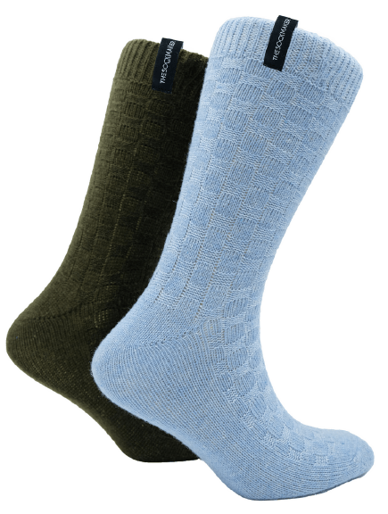 The Sockmaker Herensokken Wol Effen 2 paar Blokjes patroon Groen grijs - Lichtblauw - Julien Deluxe