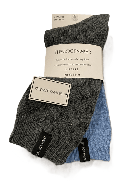 The Sockmaker Herensokken Wol Effen 2 paar Blokjes patroon Groen grijs - Lichtblauw - Julien Deluxe