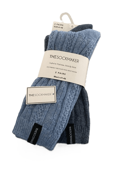 The Sockmaker Herensokken Wol Effen 2 paar Kabelpatroon Lichtblauw - Petroleumblauw - Julien Deluxe