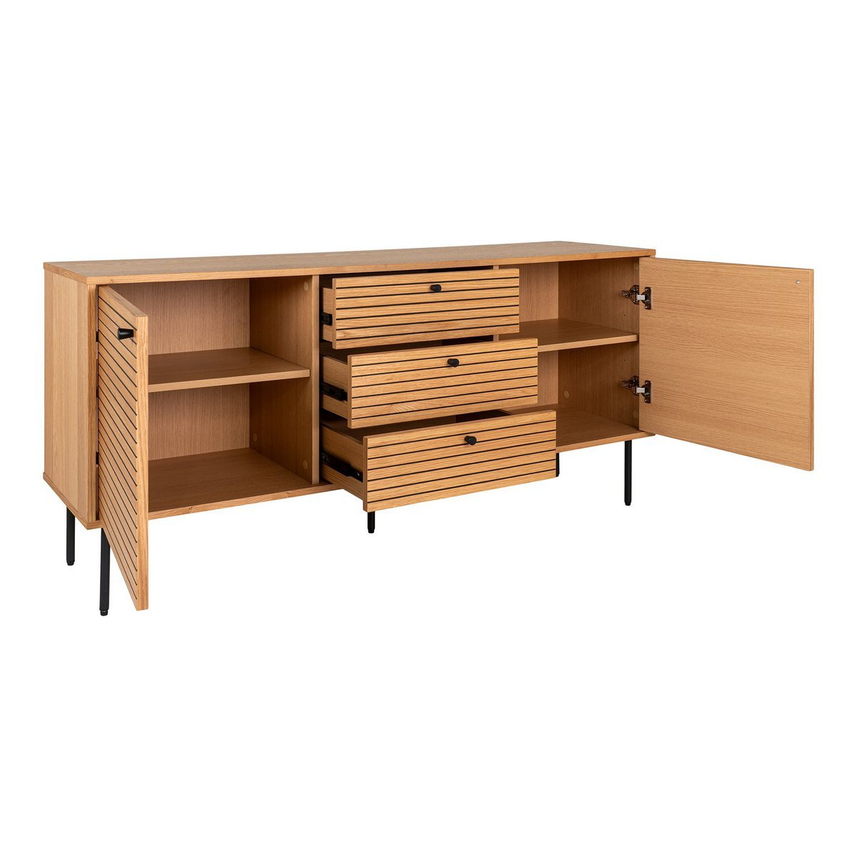 Kyoto Dressoir - Dressoir, eikenfineer, zwart metalen poten, 3 laden en 2 deuren, 150x40x74 cm