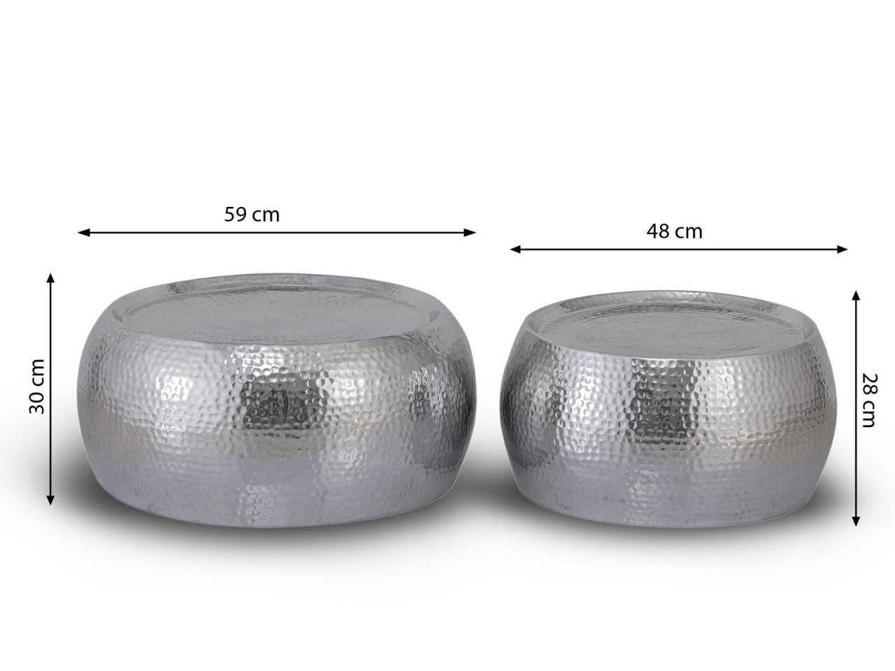 Salontafel set van 2 Dakar rond ø 59/48 x H 30/28 cm zilver gehamerd aluminium