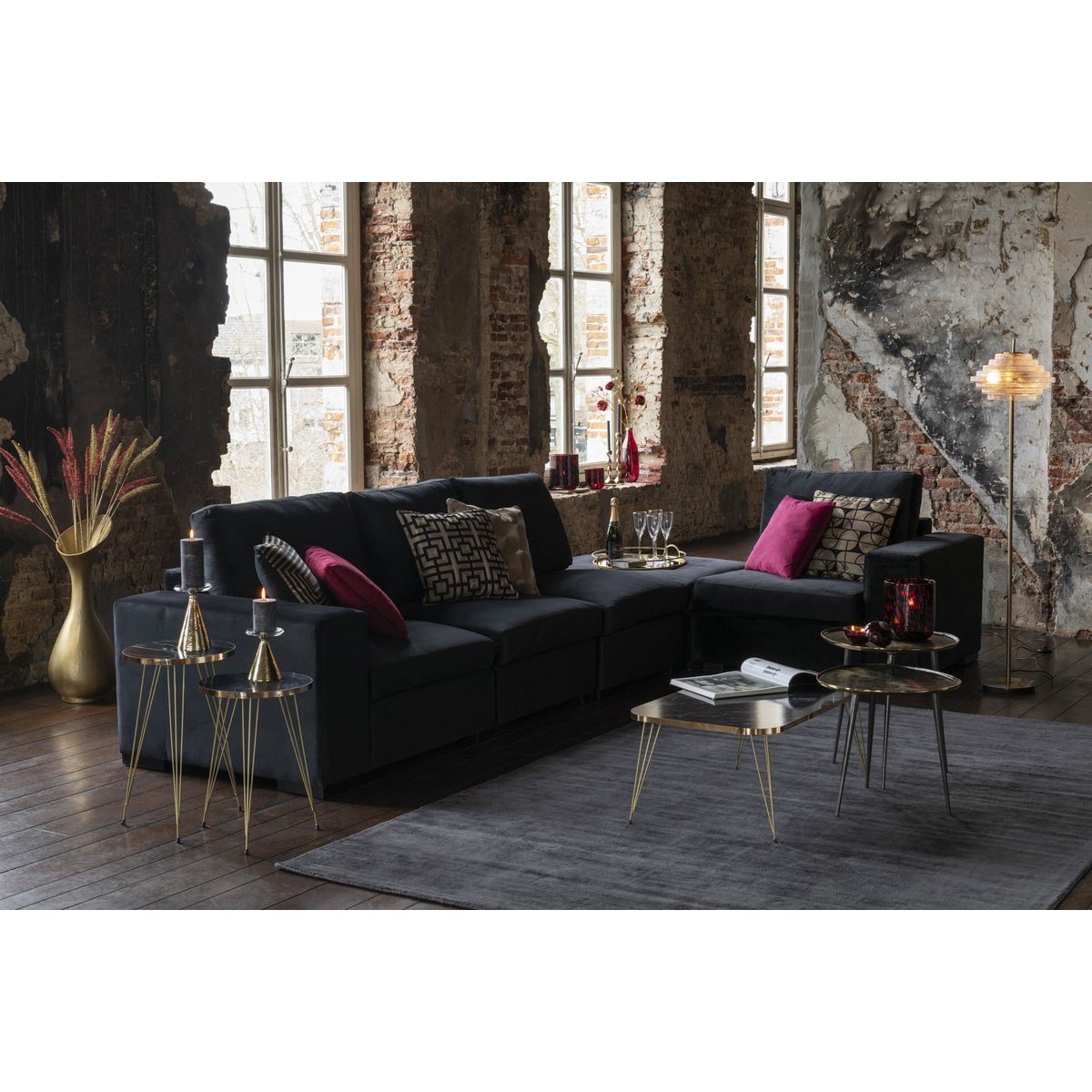 J-Line Ottoman zetel - 2 pers - velvet/ hout - zwart