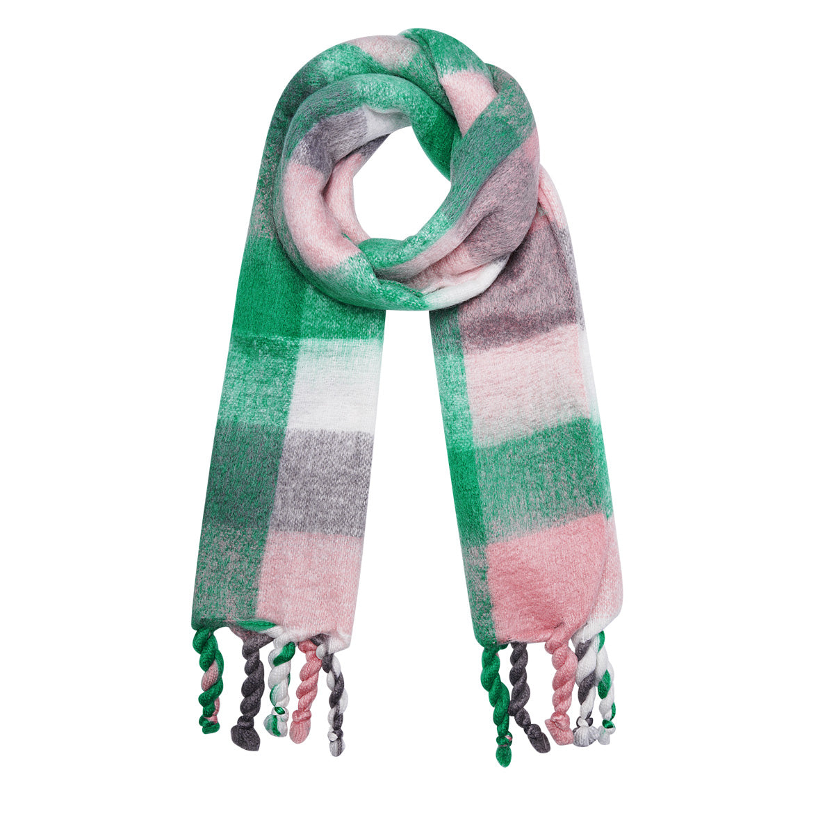Kleurrijke wintersjaal geblokt roze-groen-wit-grijs