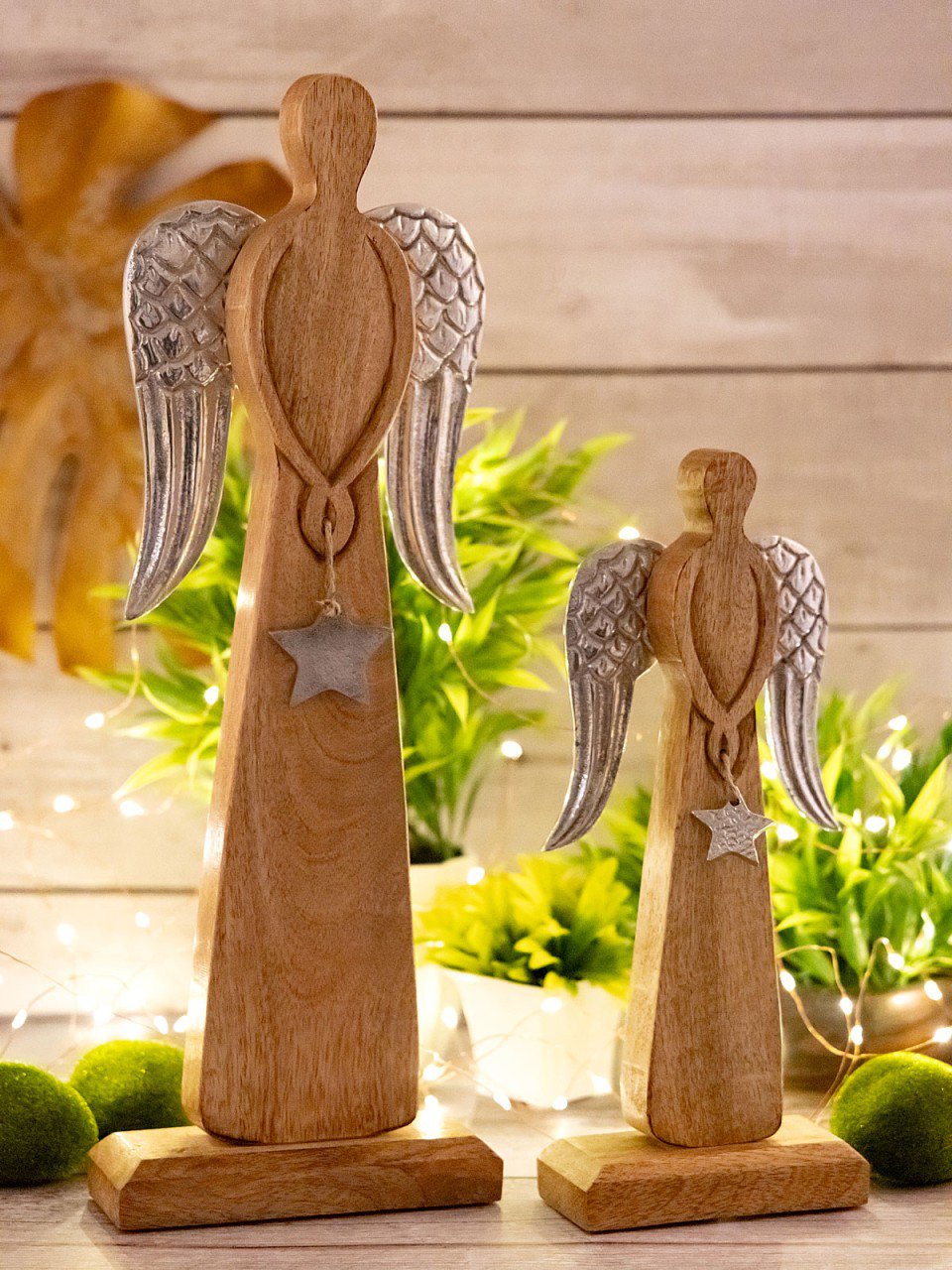 Decoratieve engelenfiguur set van 2 12/16x32/47cm Kerstdecoratiestandaard mangohout aluminium