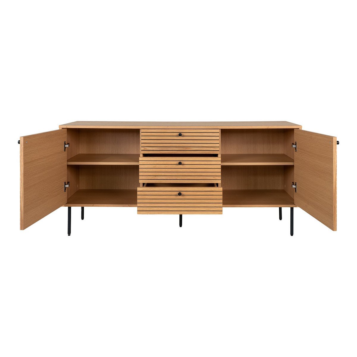 Kyoto Dressoir - Dressoir, eikenfineer, zwart metalen poten, 3 laden en 2 deuren, 150x40x74 cm