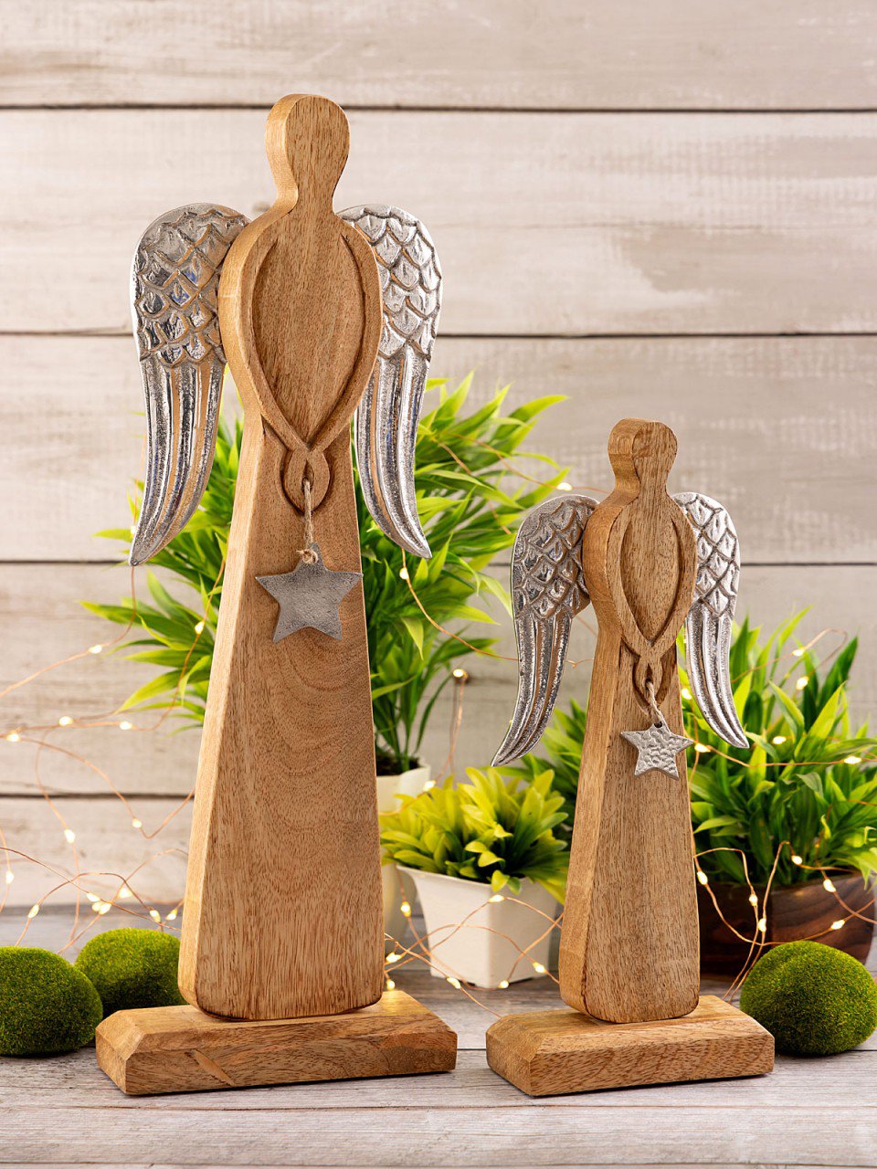 Decoratieve engelenfiguur set van 2 12/16x32/47cm Kerstdecoratiestandaard mangohout aluminium