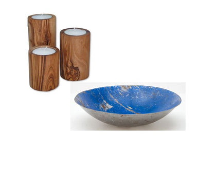 Moogoo Creative Africa Blauwe Schaal van gerecycleerde olievaten & Olivenholz erleben Theelichthouders van olijfhout