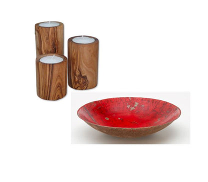 Moogoo Creative Africa Rode Schaal van gerecycleerde olievaten & Olivenholz erleben Theelichthouders van olijfhout
