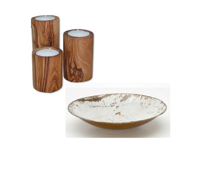 Moogoo Creative Africa Witte Schaal van gerecycleerde olievaten & Olivenholz erleben Theelichthouders van olijfhout