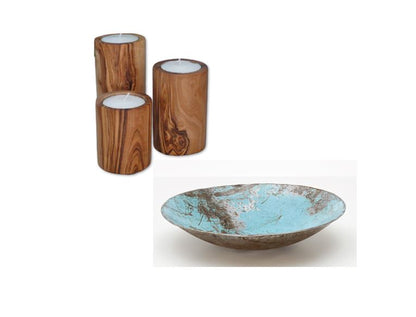 Moogoo Creative Africa Turquoise Schaal van gerecycleerde olievaten & Olivenholz erleben Theelichthouders van olijfhout