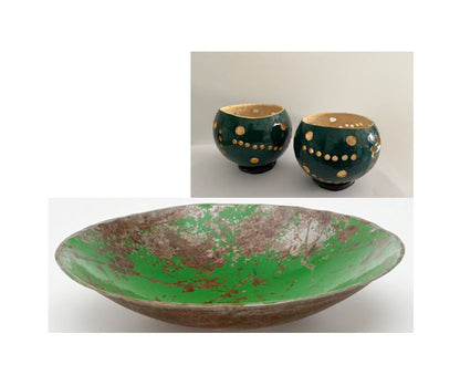 Moogoo Creative Africa Green Bowl from recycled oil drums &amp; 2 Tea light holders Gourd dark green