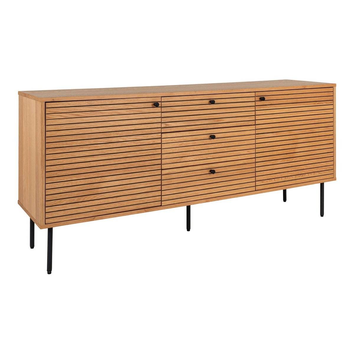 Kyoto Dressoir - Dressoir, eikenfineer, zwart metalen poten, 3 laden en 2 deuren, 150x40x74 cm